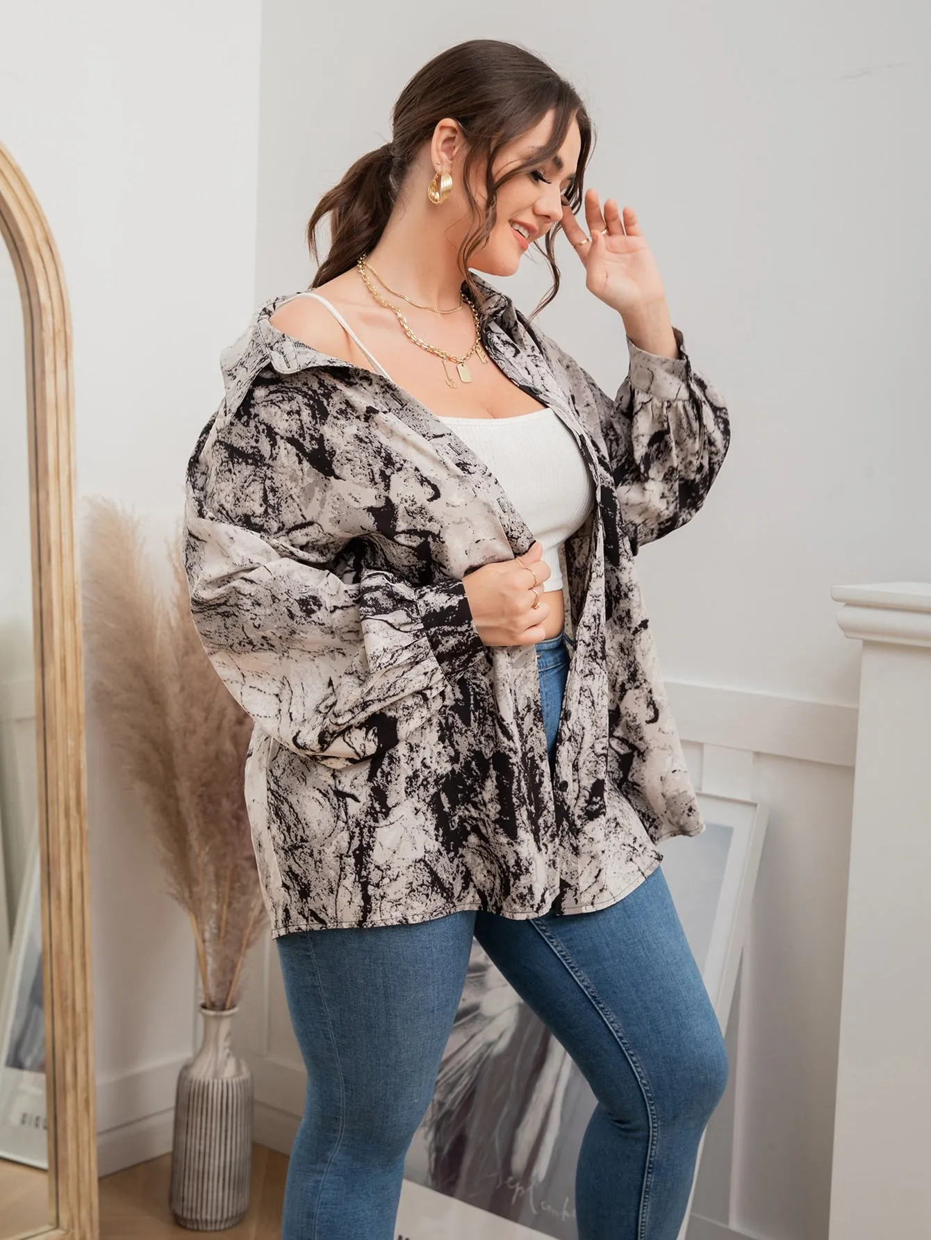 Marble Button Front Long Sleeve Collar Long Plus Size Blouse