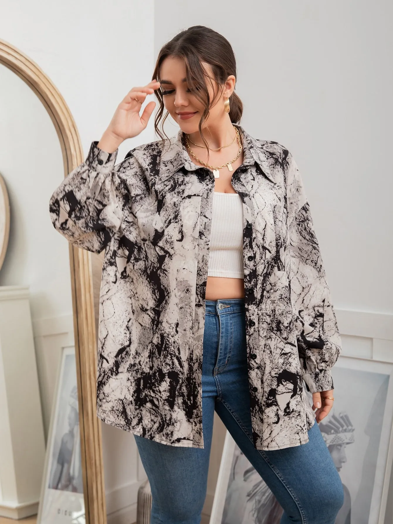 Marble Button Front Long Sleeve Collar Long Plus Size Blouse