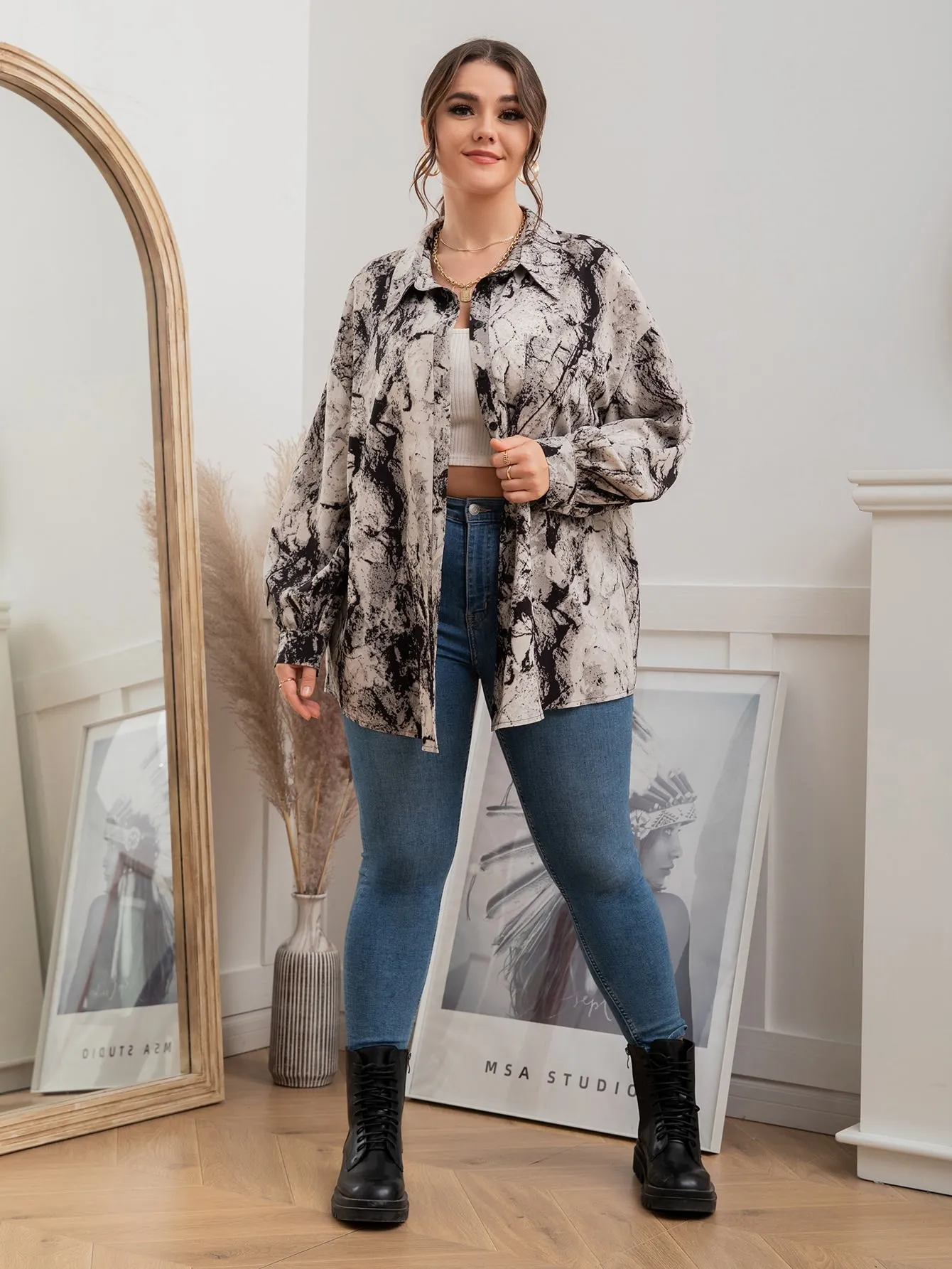 Marble Button Front Long Sleeve Collar Long Plus Size Blouse