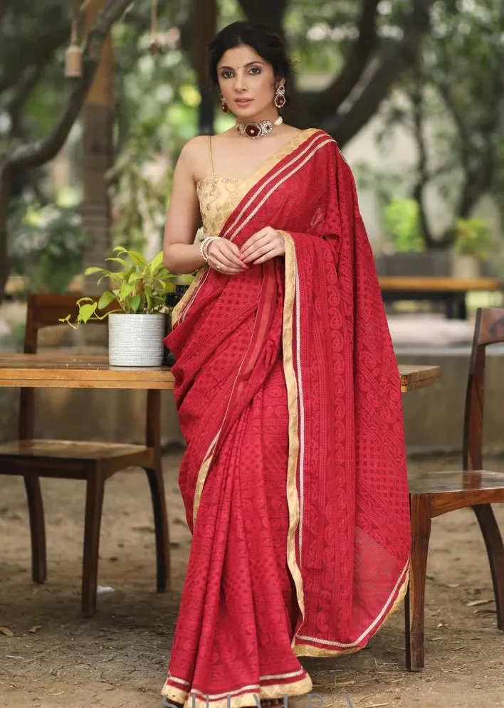 MAROON EMBROIDERED GEORGETTE SAREE WITH GOLDEN & LACE DETAILING