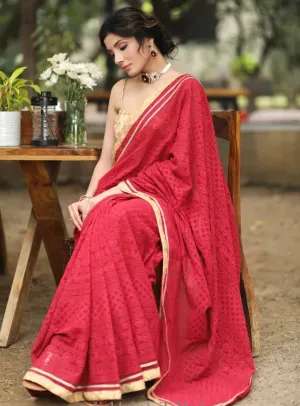 MAROON EMBROIDERED GEORGETTE SAREE WITH GOLDEN & LACE DETAILING