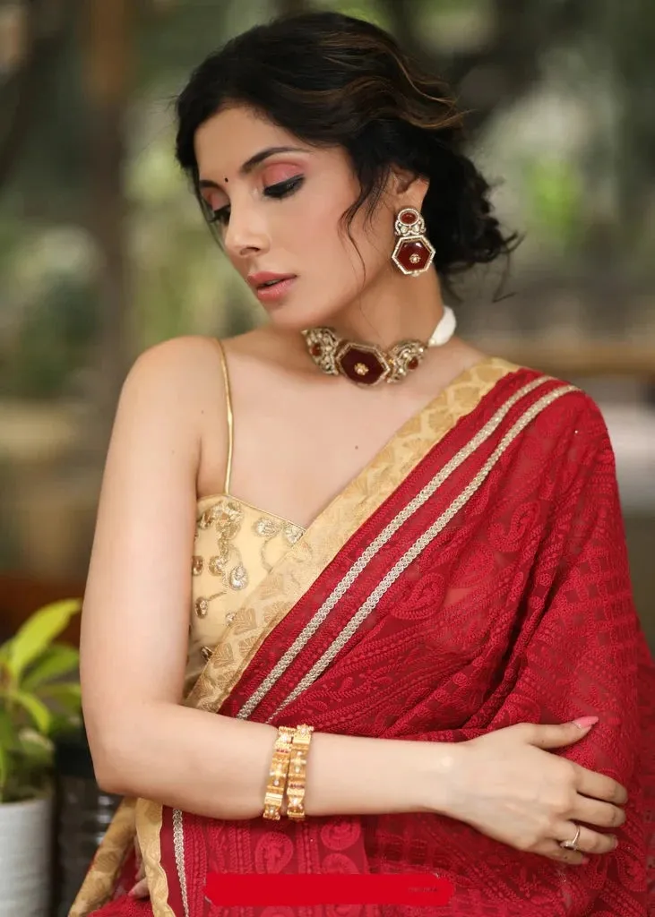 MAROON EMBROIDERED GEORGETTE SAREE WITH GOLDEN & LACE DETAILING