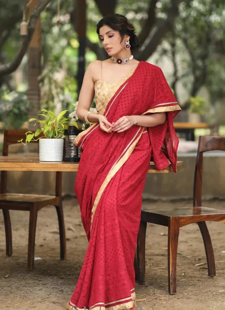 MAROON EMBROIDERED GEORGETTE SAREE WITH GOLDEN & LACE DETAILING