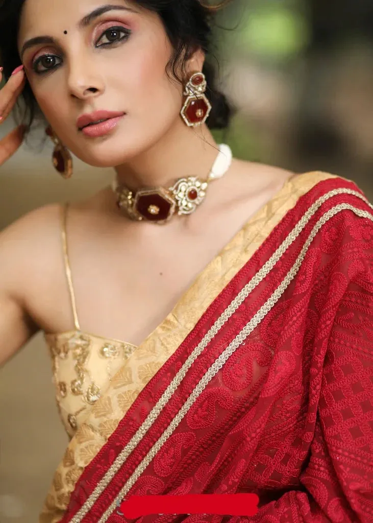 MAROON EMBROIDERED GEORGETTE SAREE WITH GOLDEN & LACE DETAILING