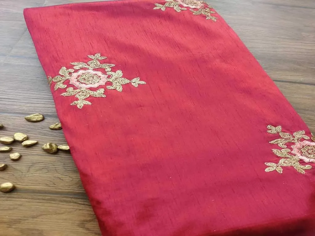Maroon Floral Embroidered Dori Work Zorba Silk Fabric