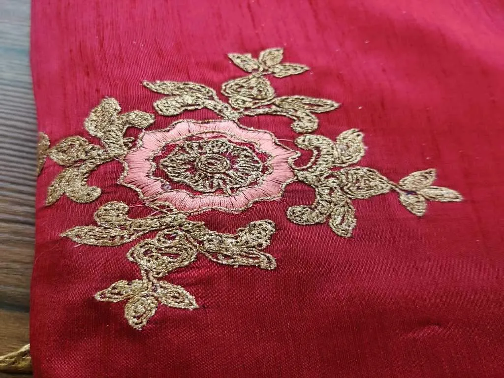 Maroon Floral Embroidered Dori Work Zorba Silk Fabric