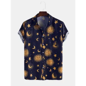 Men Sun Moon Print Short Sleeve Relaxed Shirts