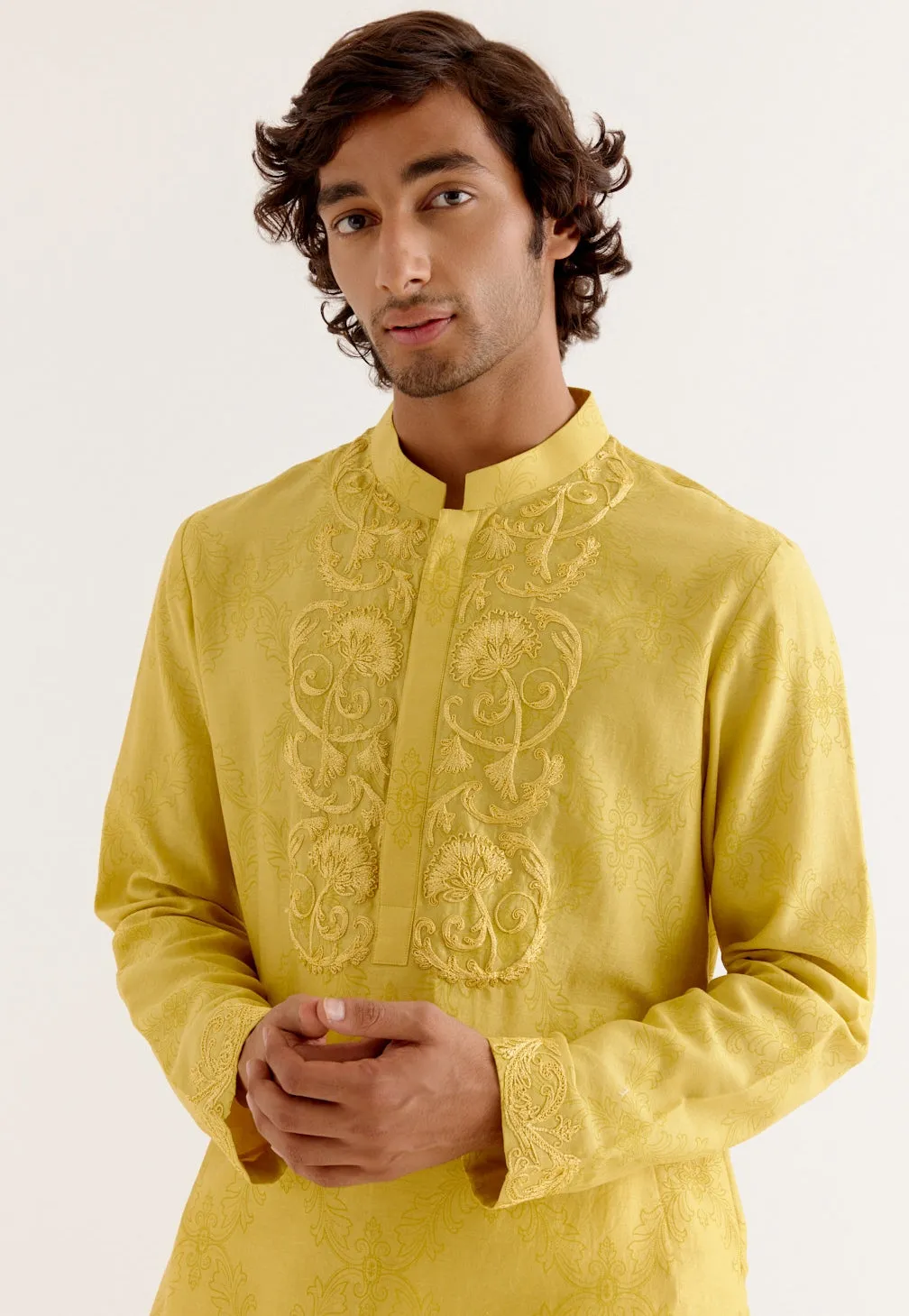 Mustard Yellow Block Printed Dori Embroidered Kurta Set