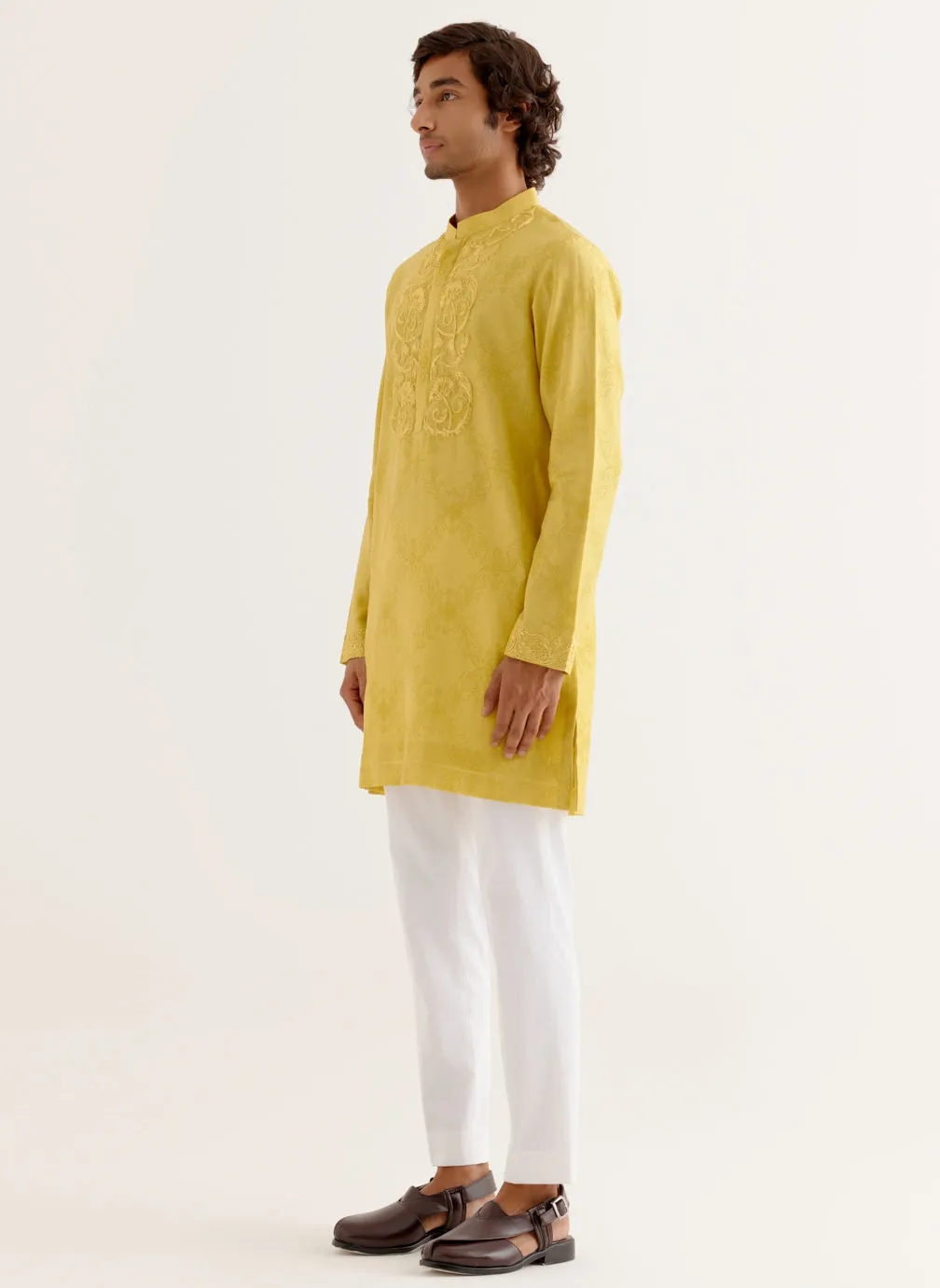 Mustard Yellow Block Printed Dori Embroidered Kurta Set