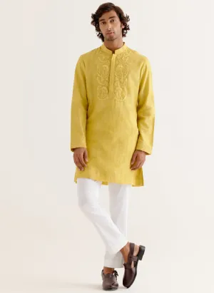 Mustard Yellow Block Printed Dori Embroidered Kurta Set