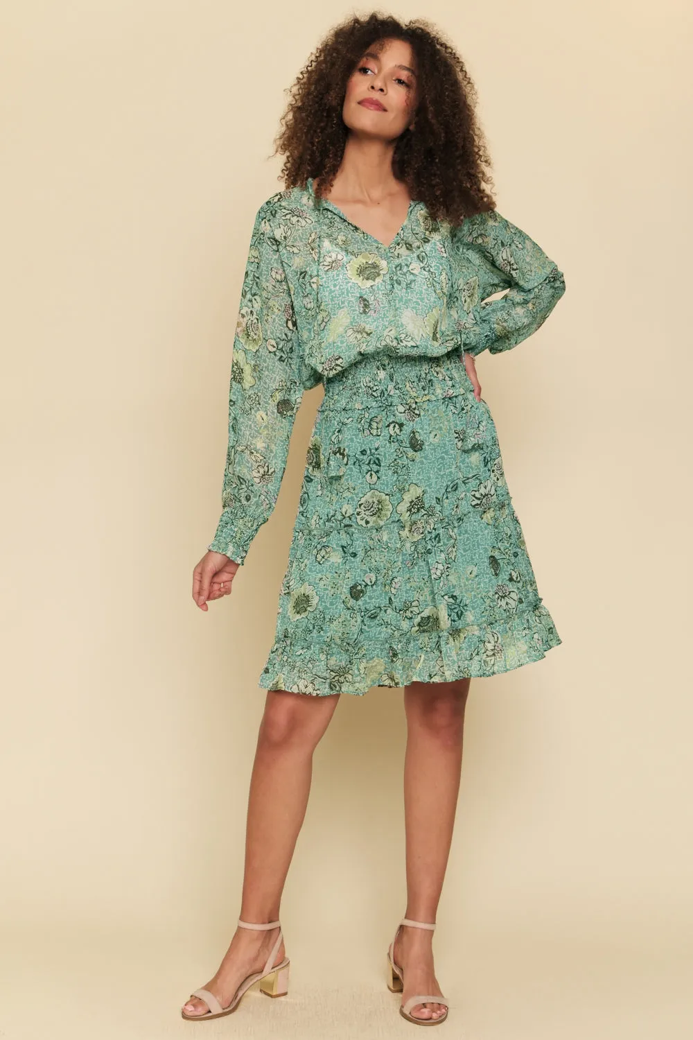 Mystree Smocked Bottom Peasant Chiffon Blouse In Green Mix