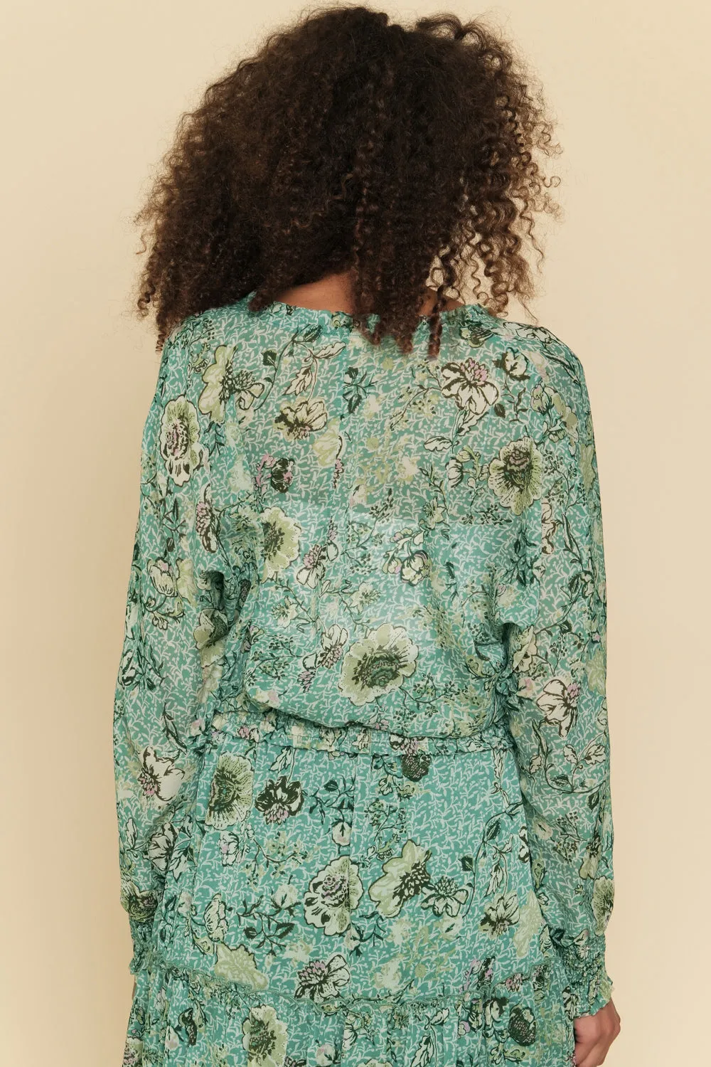 Mystree Smocked Bottom Peasant Chiffon Blouse In Green Mix
