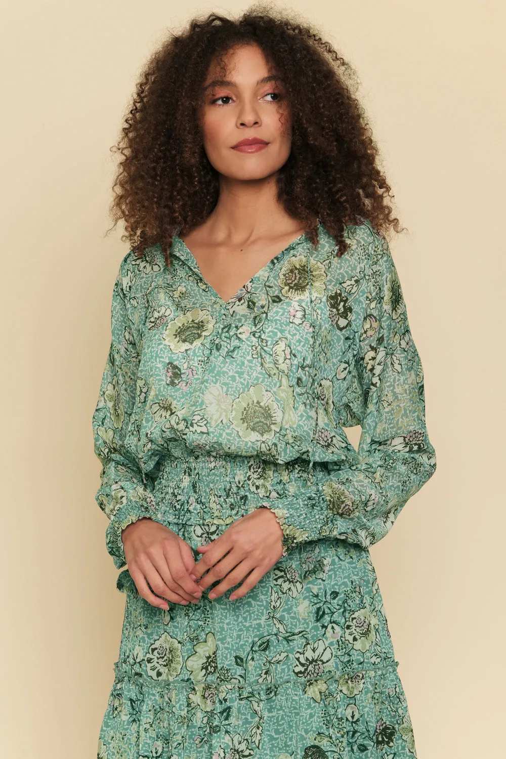 Mystree Smocked Bottom Peasant Chiffon Blouse In Green Mix