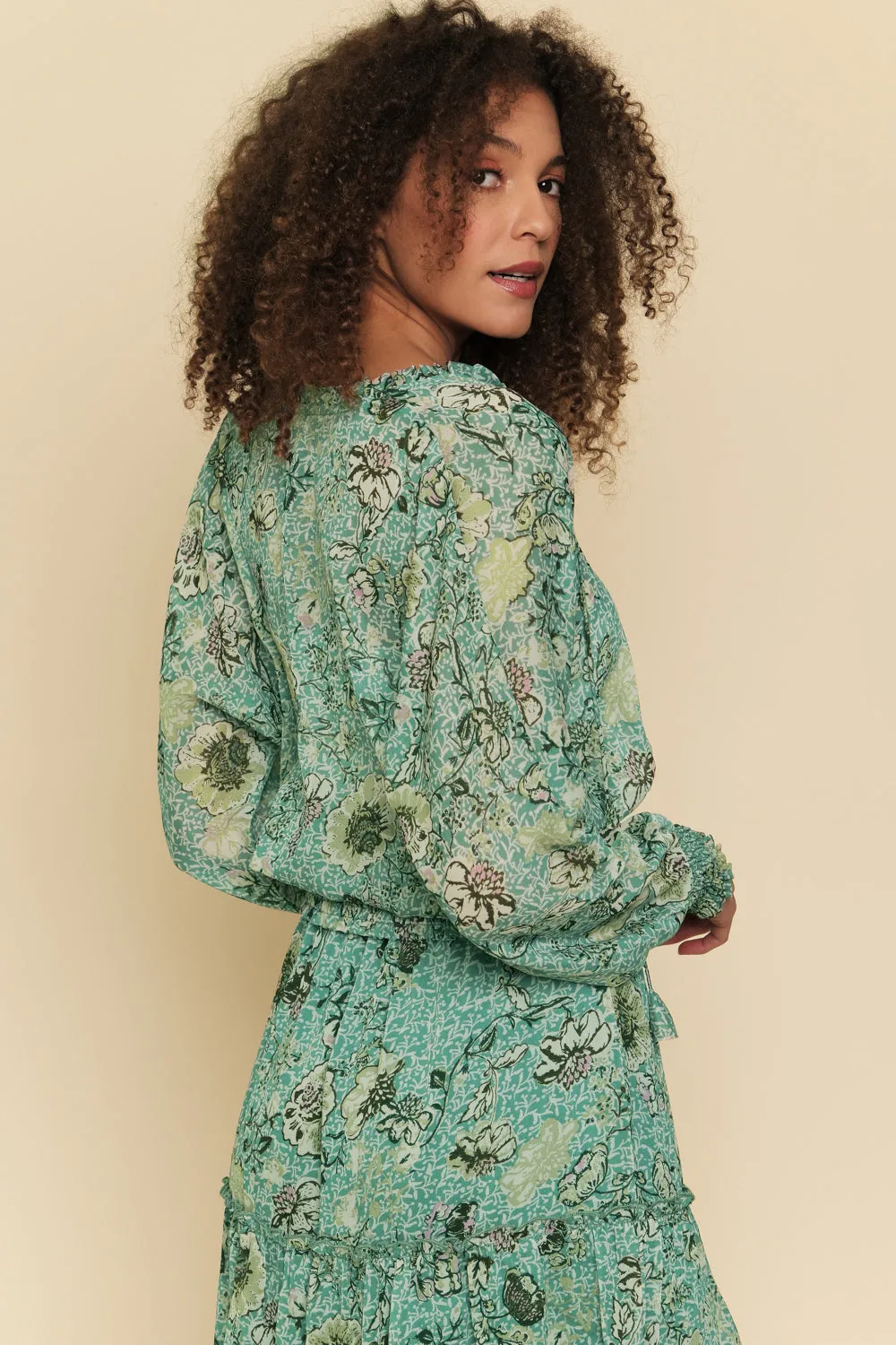 Mystree Smocked Bottom Peasant Chiffon Blouse In Green Mix