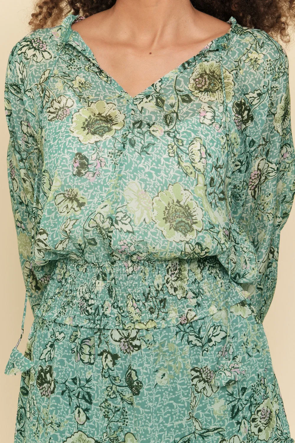 Mystree Smocked Bottom Peasant Chiffon Blouse In Green Mix