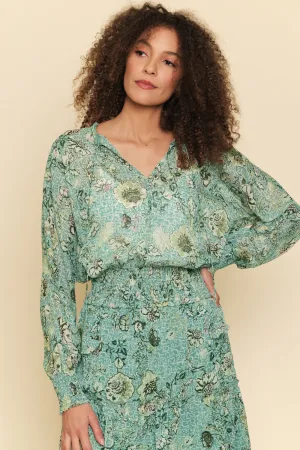 Mystree Smocked Bottom Peasant Chiffon Blouse In Green Mix