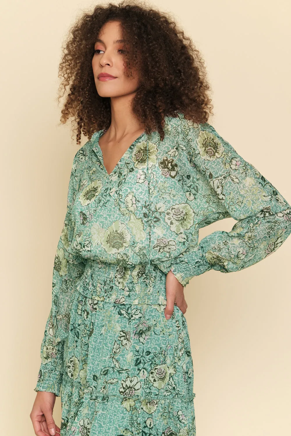 Mystree Smocked Bottom Peasant Chiffon Blouse In Green Mix