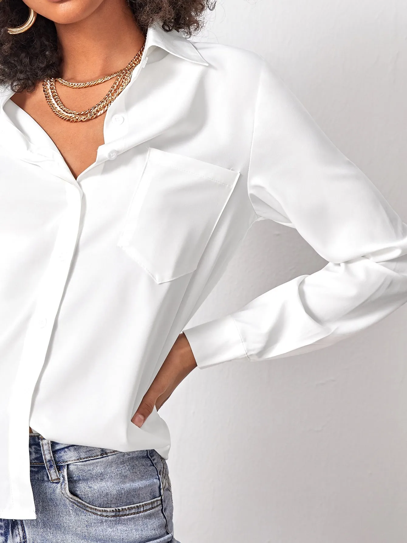 Nailea x SHEINsquad Patch Pocket Button Front Solid Blouse