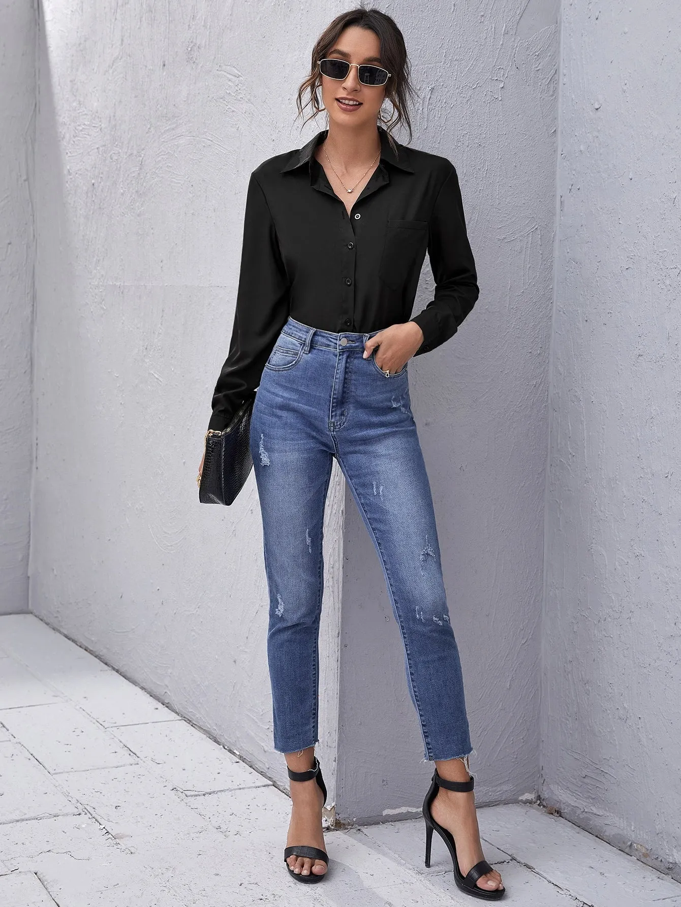 Nailea x SHEINsquad Patch Pocket Button Front Solid Blouse
