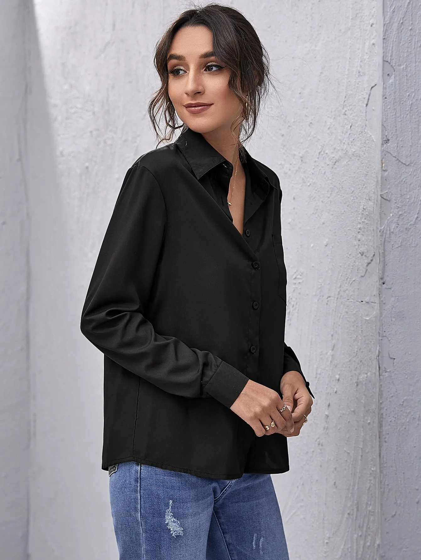 Nailea x SHEINsquad Patch Pocket Button Front Solid Blouse