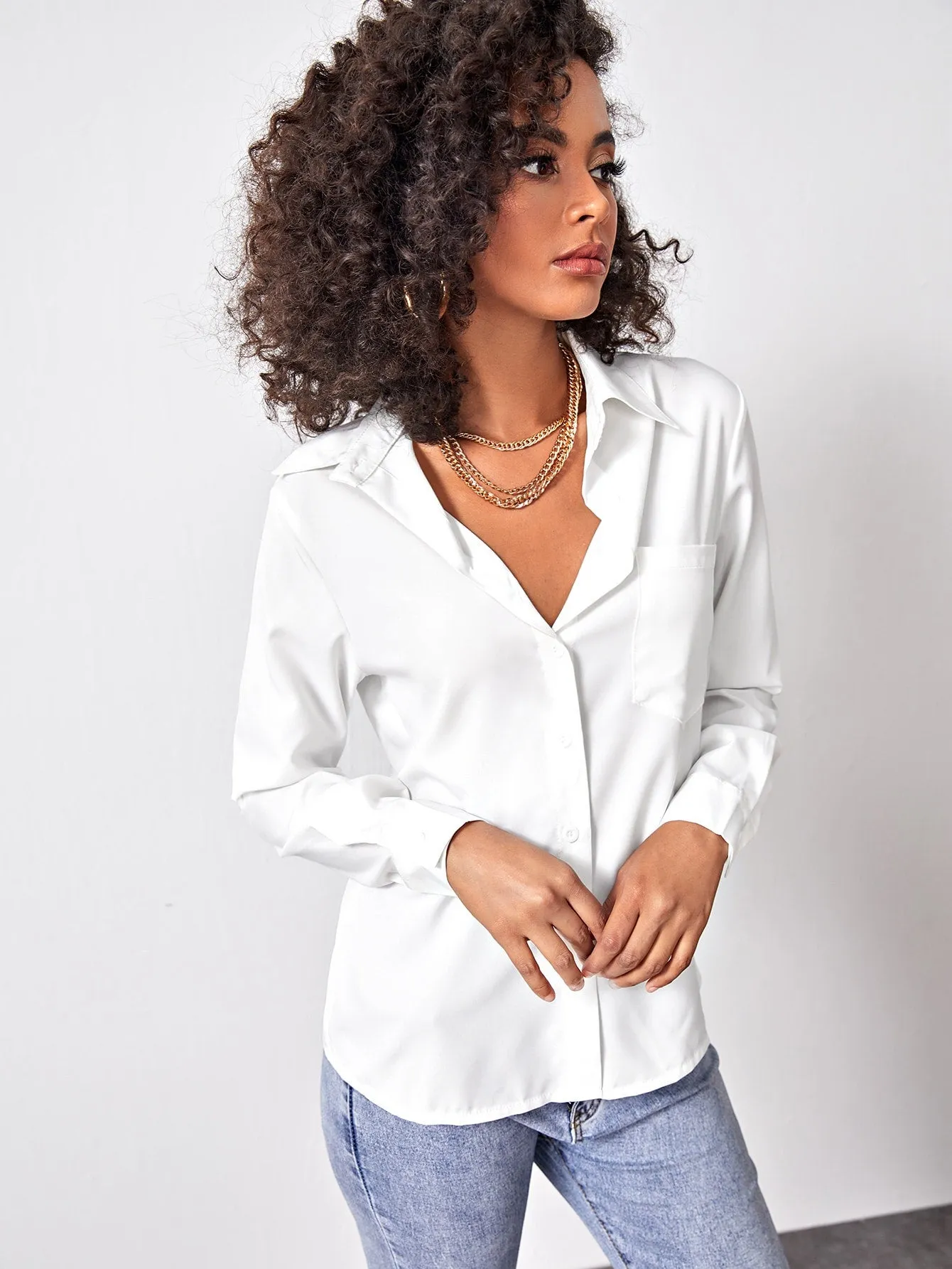 Nailea x SHEINsquad Patch Pocket Button Front Solid Blouse
