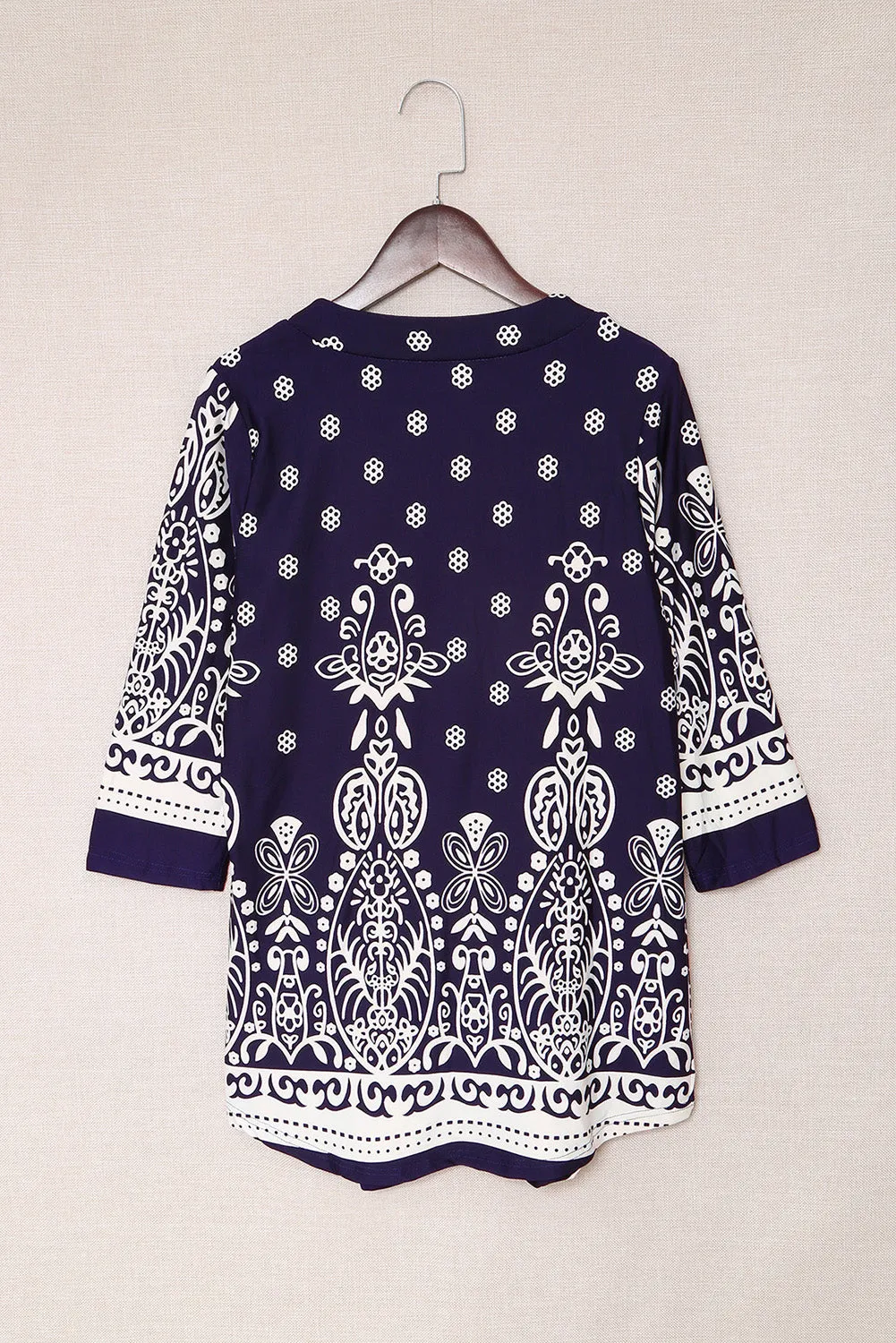 Navy Blue Floral Notch Neck Pin-tuck Tunic