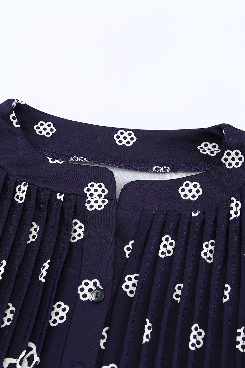 Navy Blue Floral Notch Neck Pin-tuck Tunic