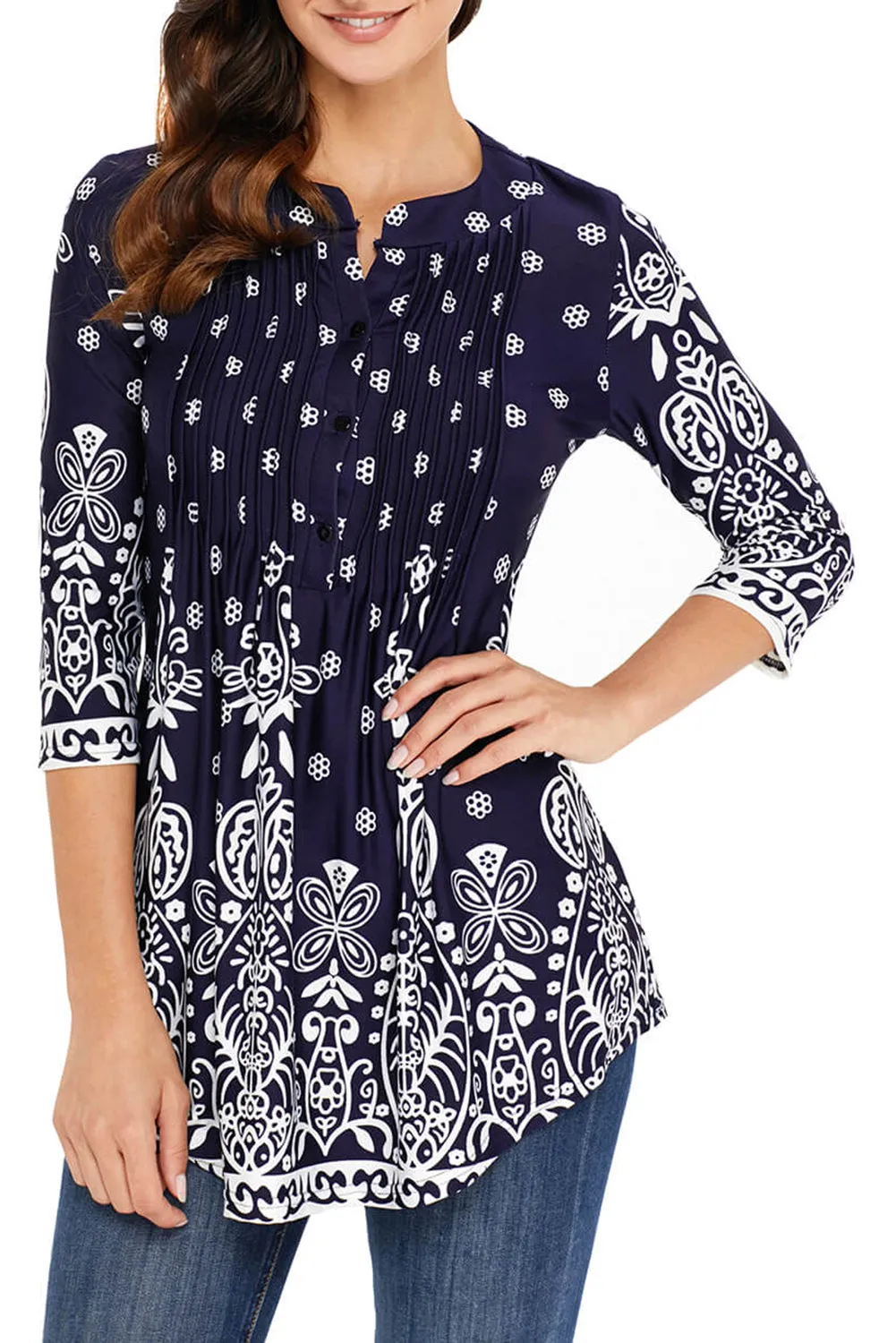 Navy Blue Floral Notch Neck Pin-tuck Tunic