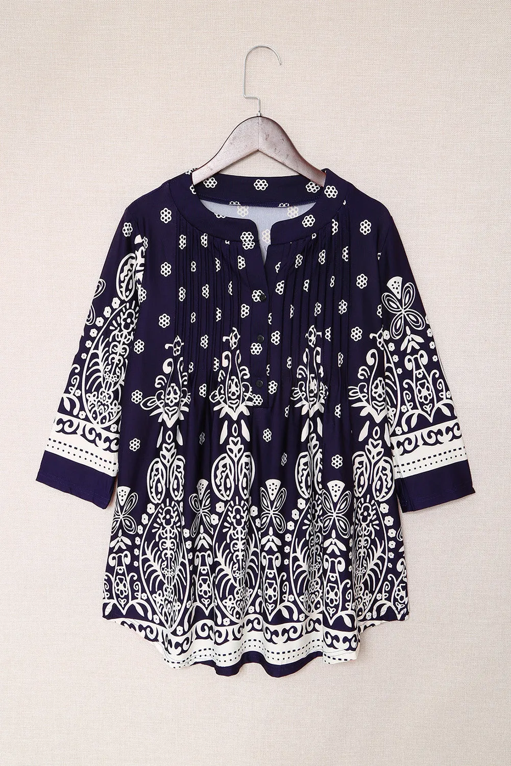 Navy Blue Floral Notch Neck Pin-tuck Tunic