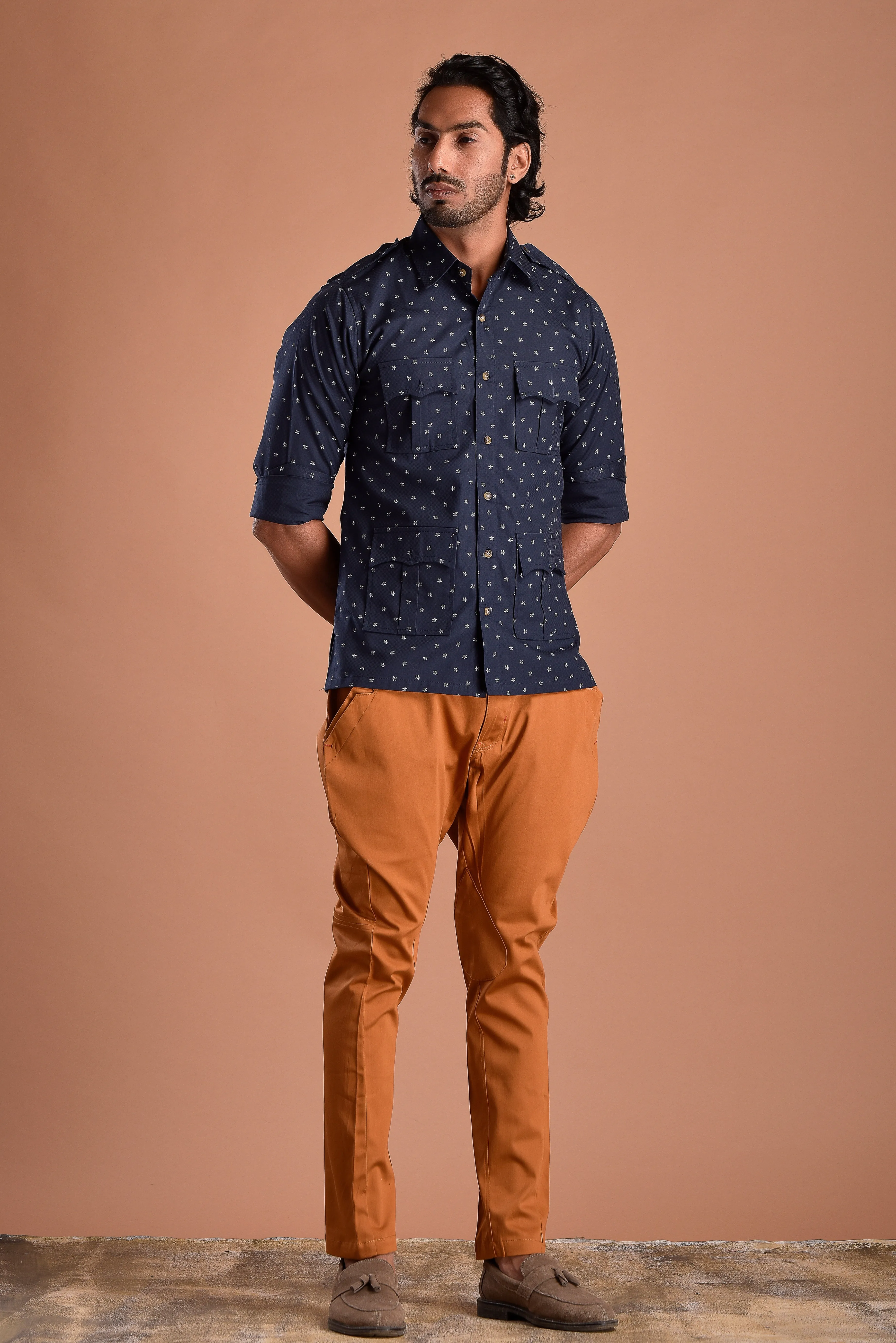 Navy Blue Hunting Style Cotton printed Shirt