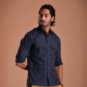 Navy Blue Hunting Style Cotton printed Shirt