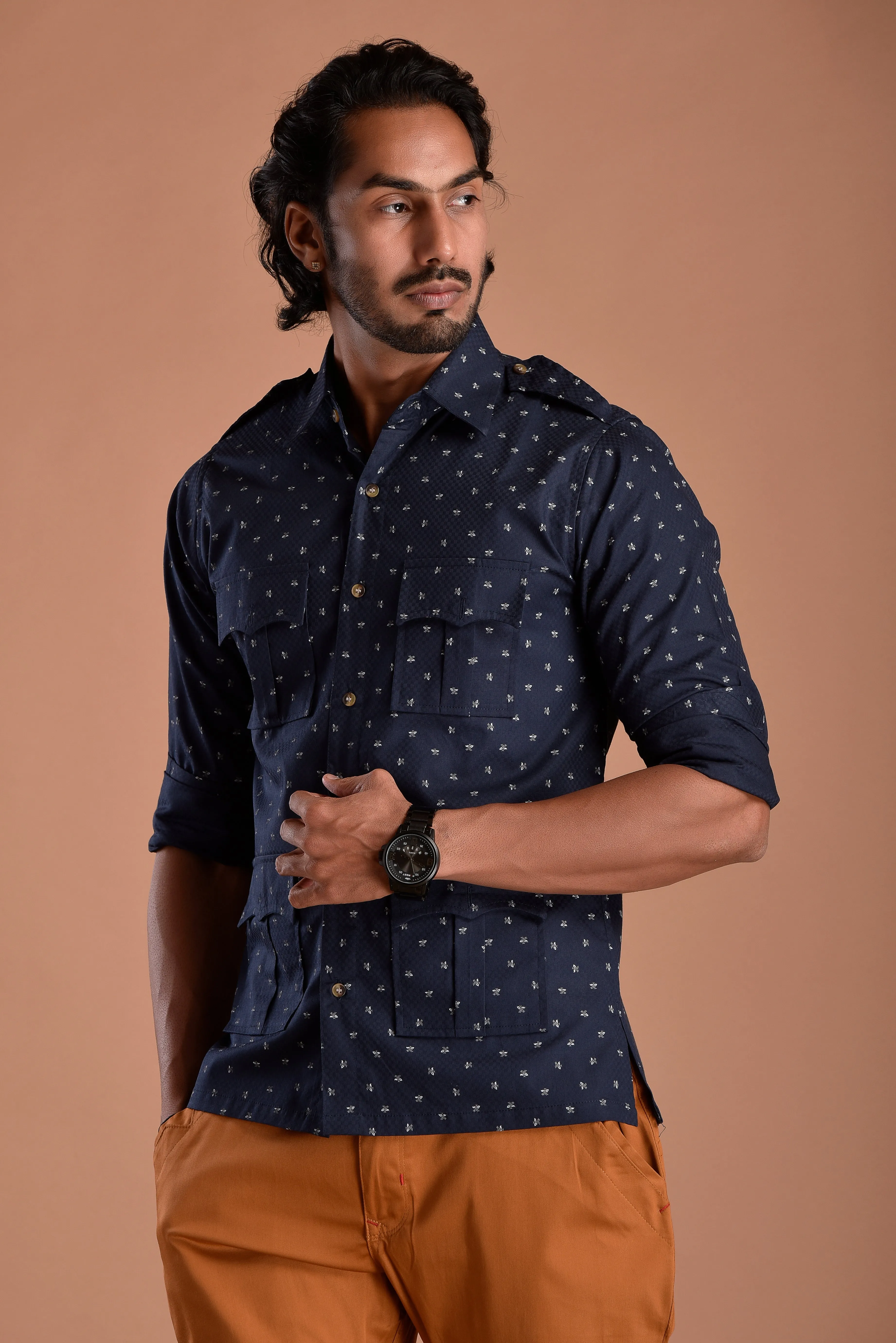 Navy Blue Hunting Style Cotton printed Shirt