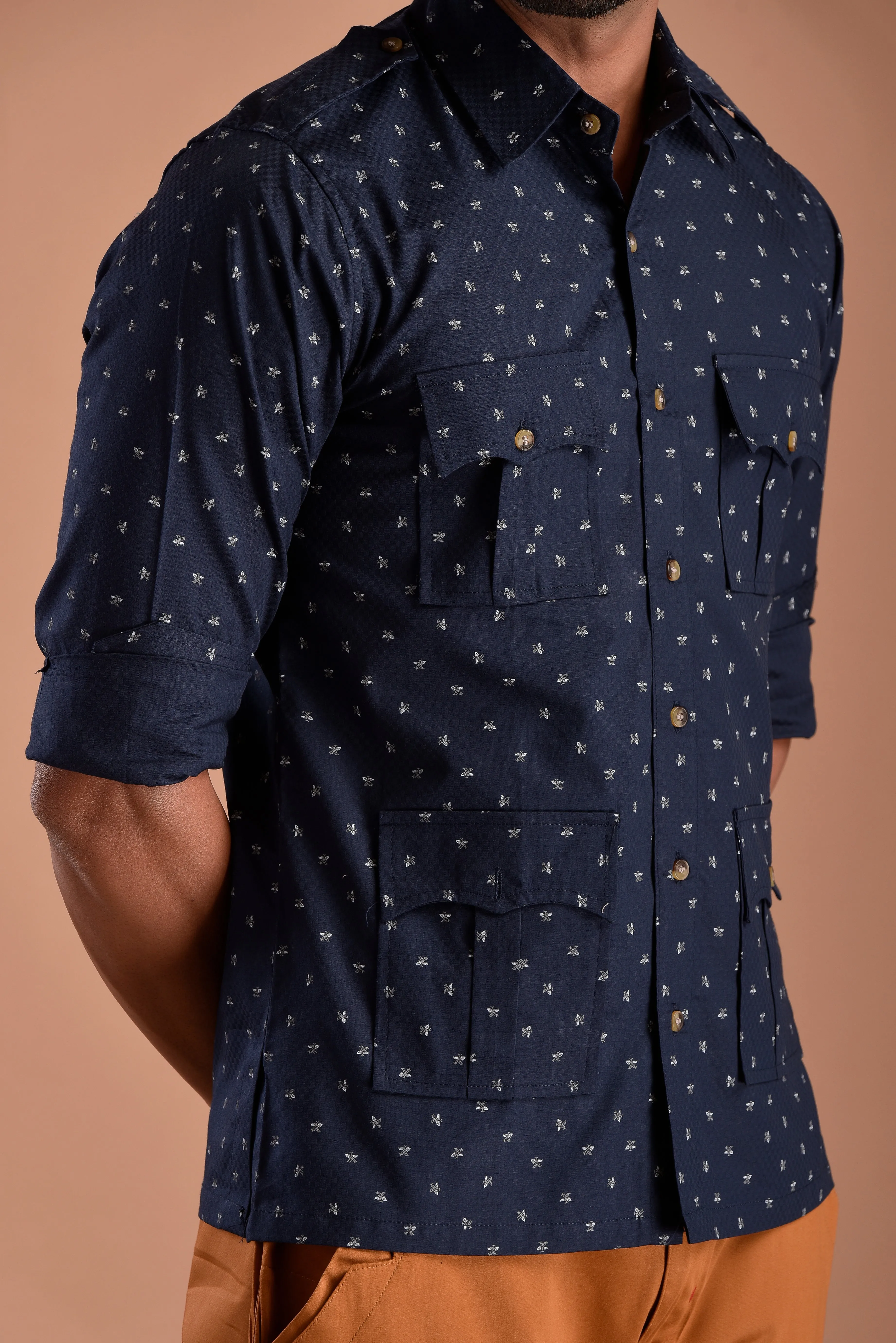 Navy Blue Hunting Style Cotton printed Shirt