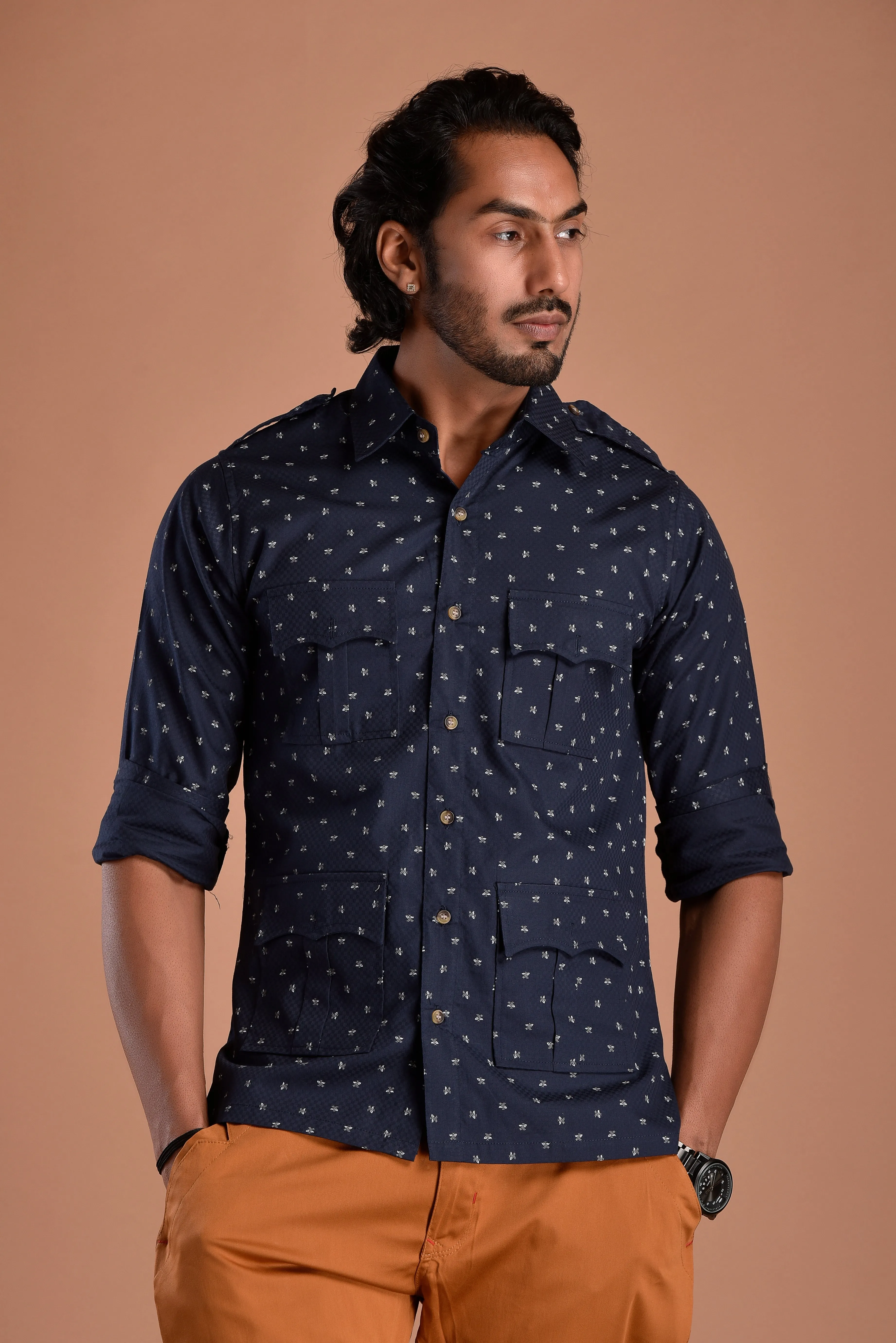 Navy Blue Hunting Style Cotton printed Shirt