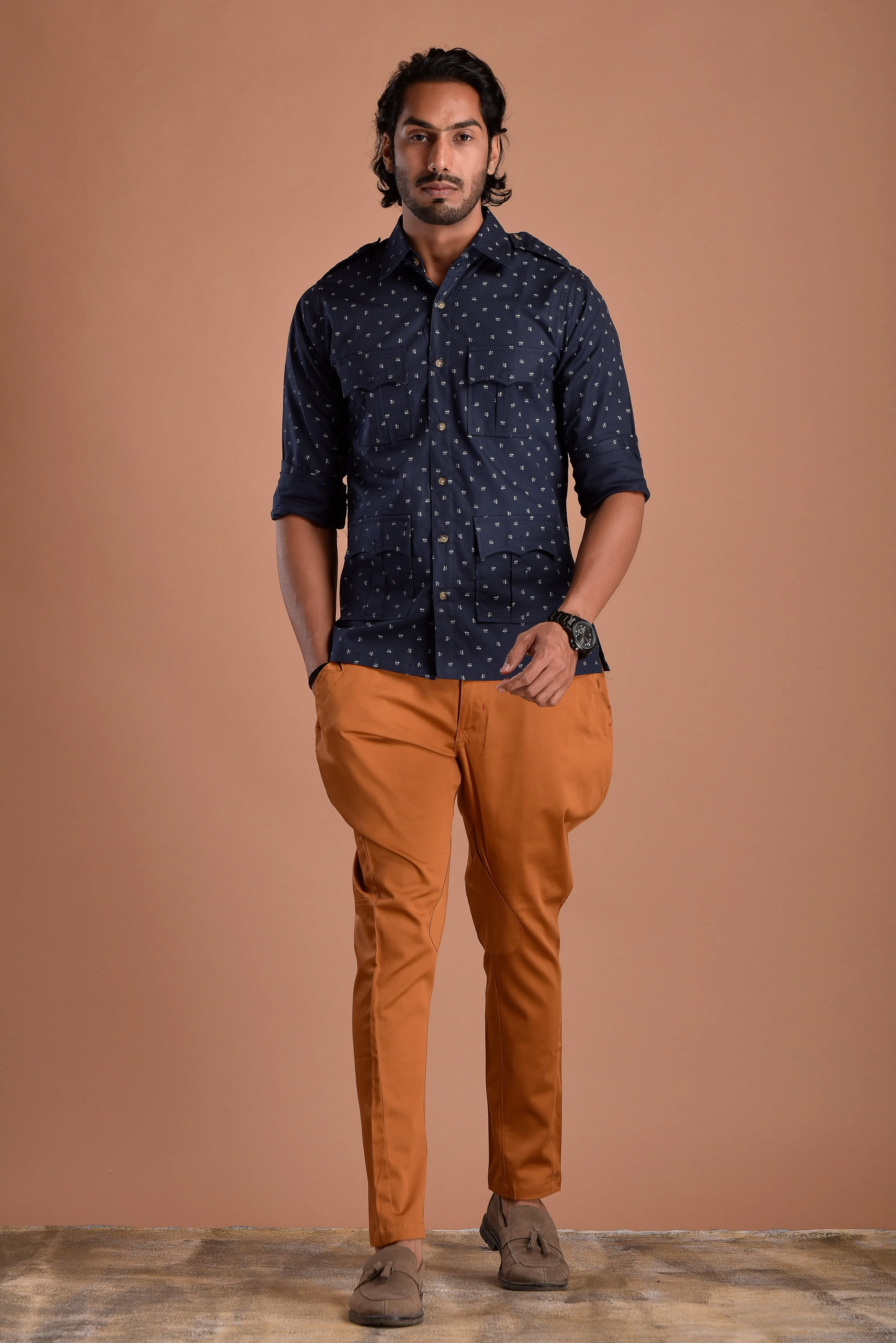 Navy Blue Hunting Style Cotton printed Shirt