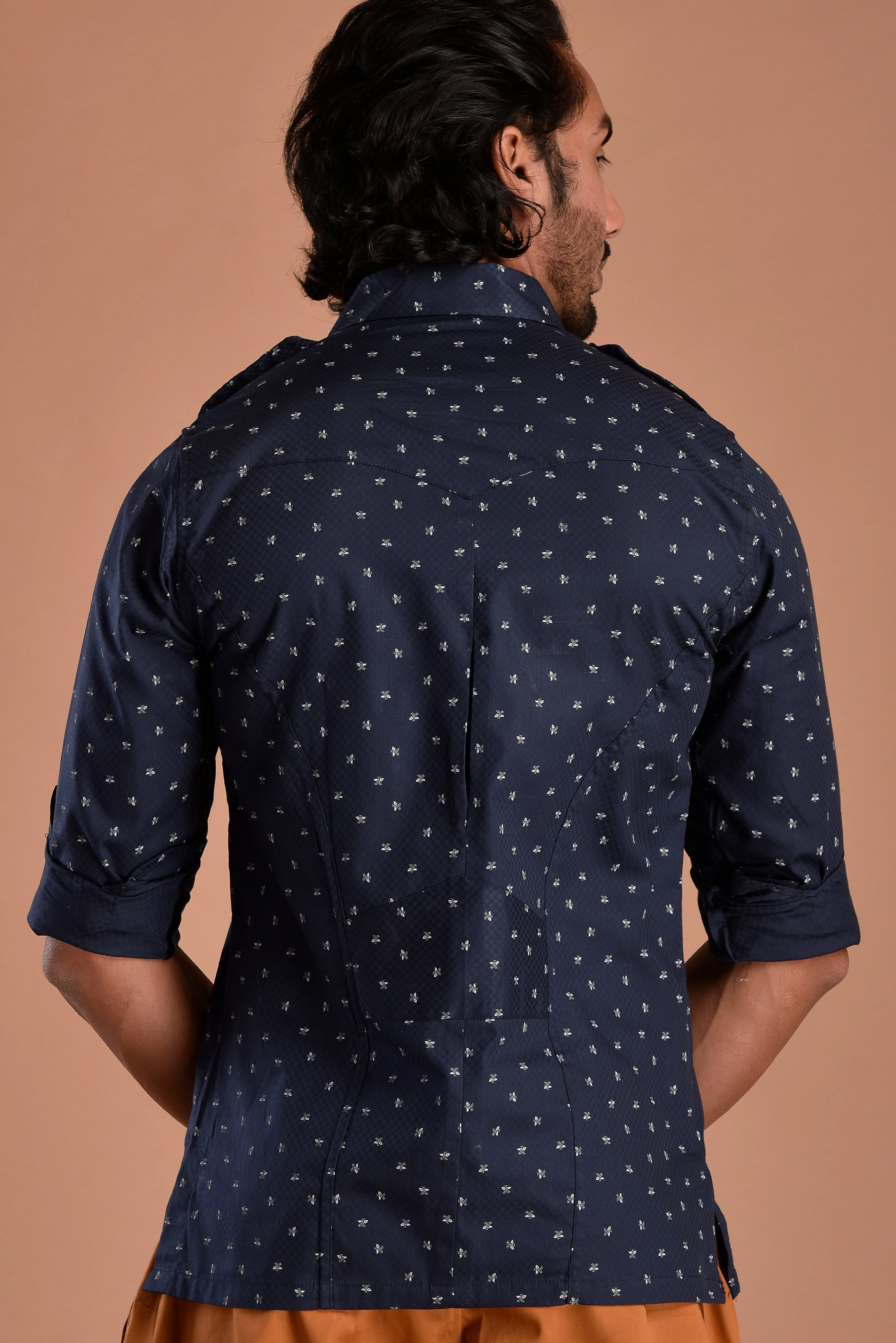 Navy Blue Hunting Style Cotton printed Shirt