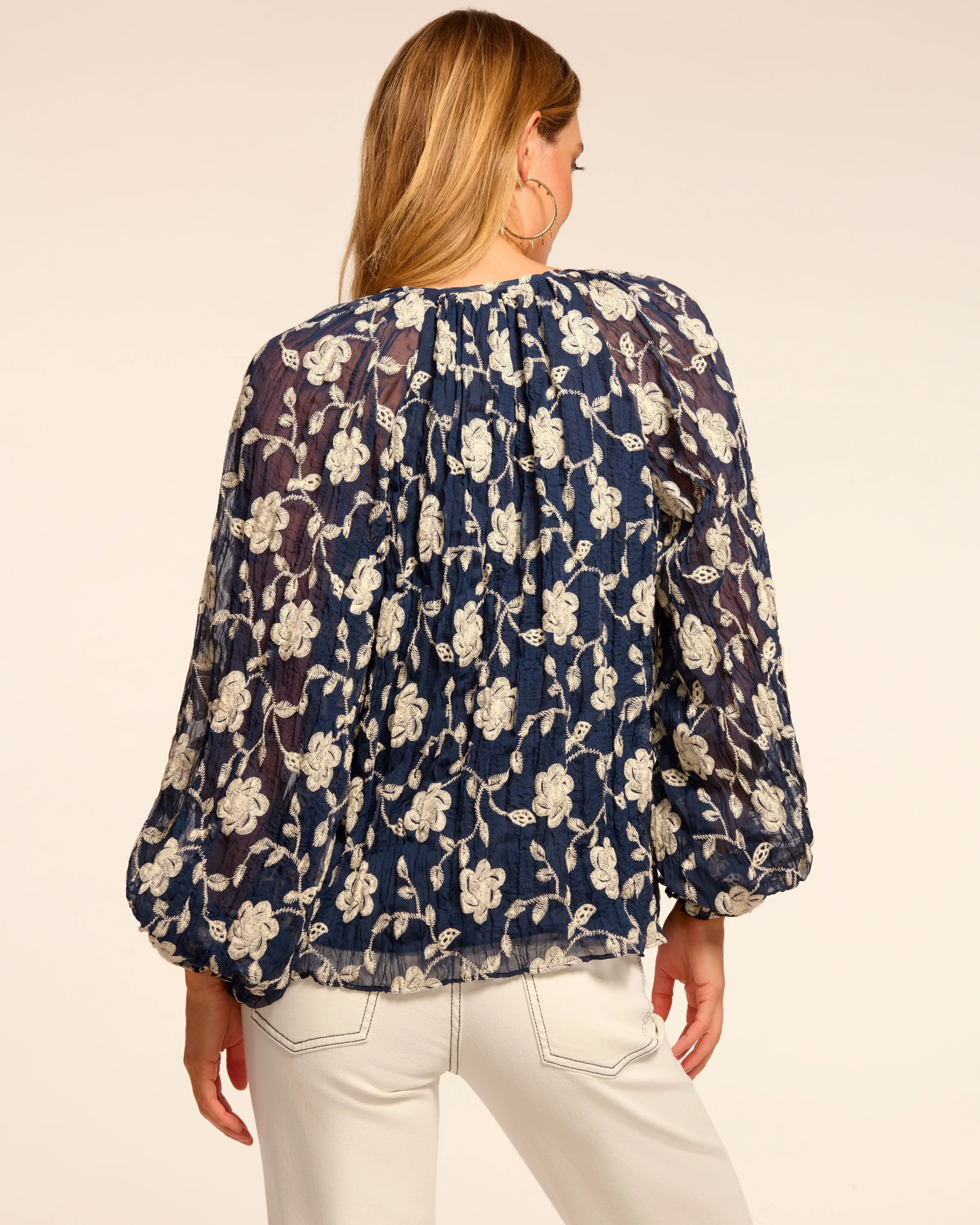 Nola Embroidered Chiffon V-Neck Long Sleeve Blouse