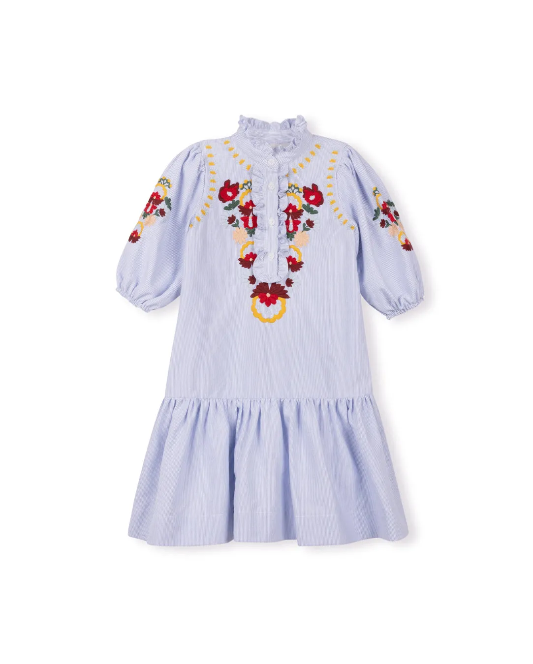 ONE CHILD SHELLY PINSTRIPED EMBROIDERED FLOWER DRESS