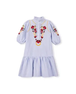 ONE CHILD SHELLY PINSTRIPED EMBROIDERED FLOWER DRESS