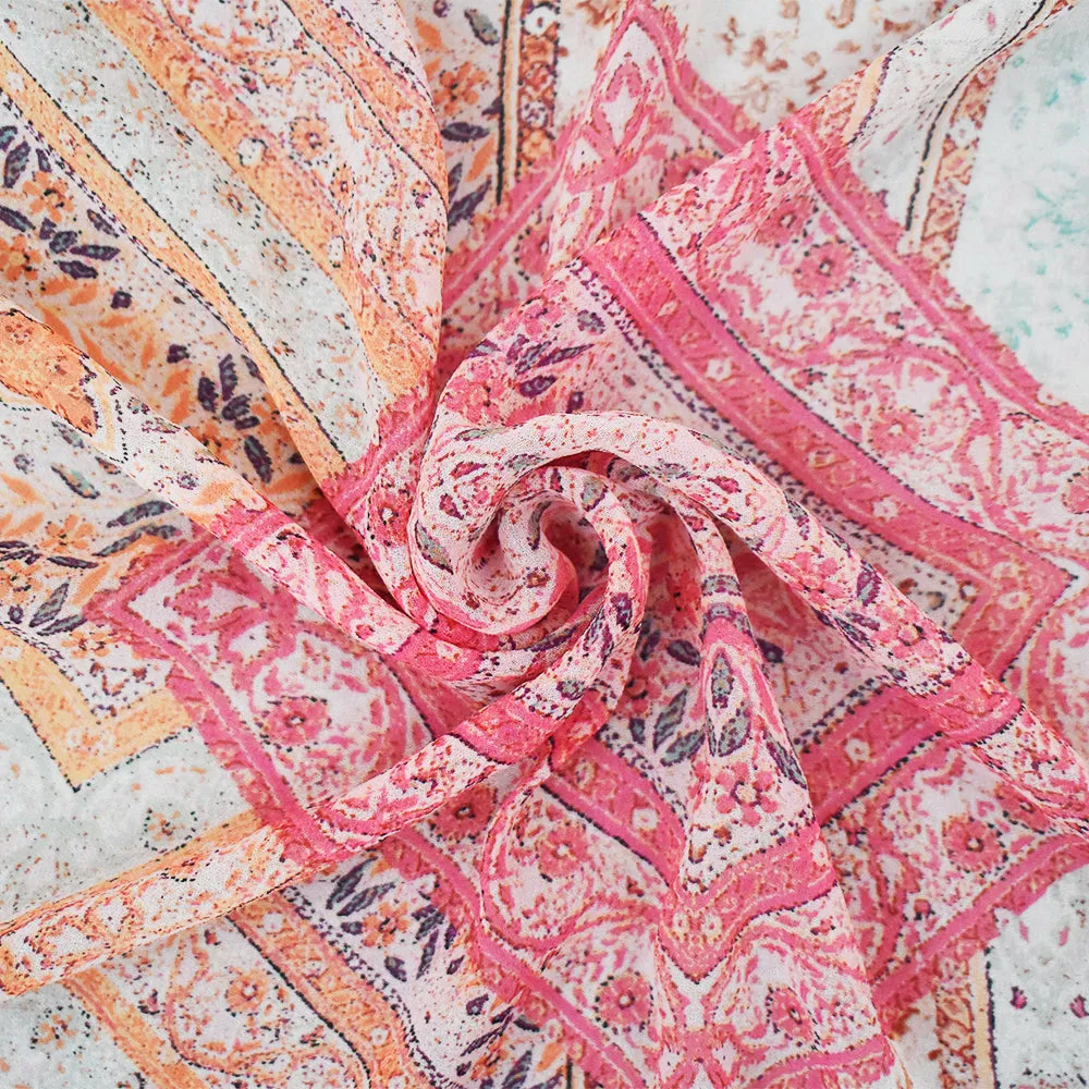 Orange-Pink-Multi Moroccan Bandana Printed Poly Chiffon Woven Fabric