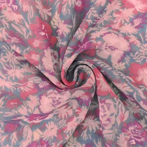 Pink-Gray-Multi Floral Printed Poly Chiffon Woven Fabric