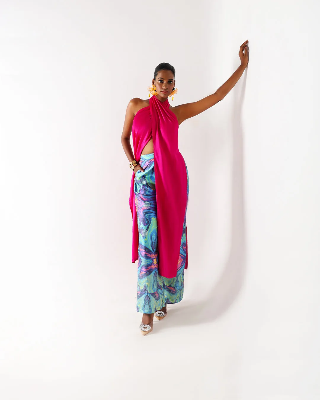Pink Long Drape Halter Silk Top