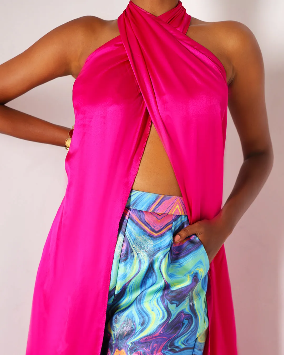 Pink Long Drape Halter Silk Top