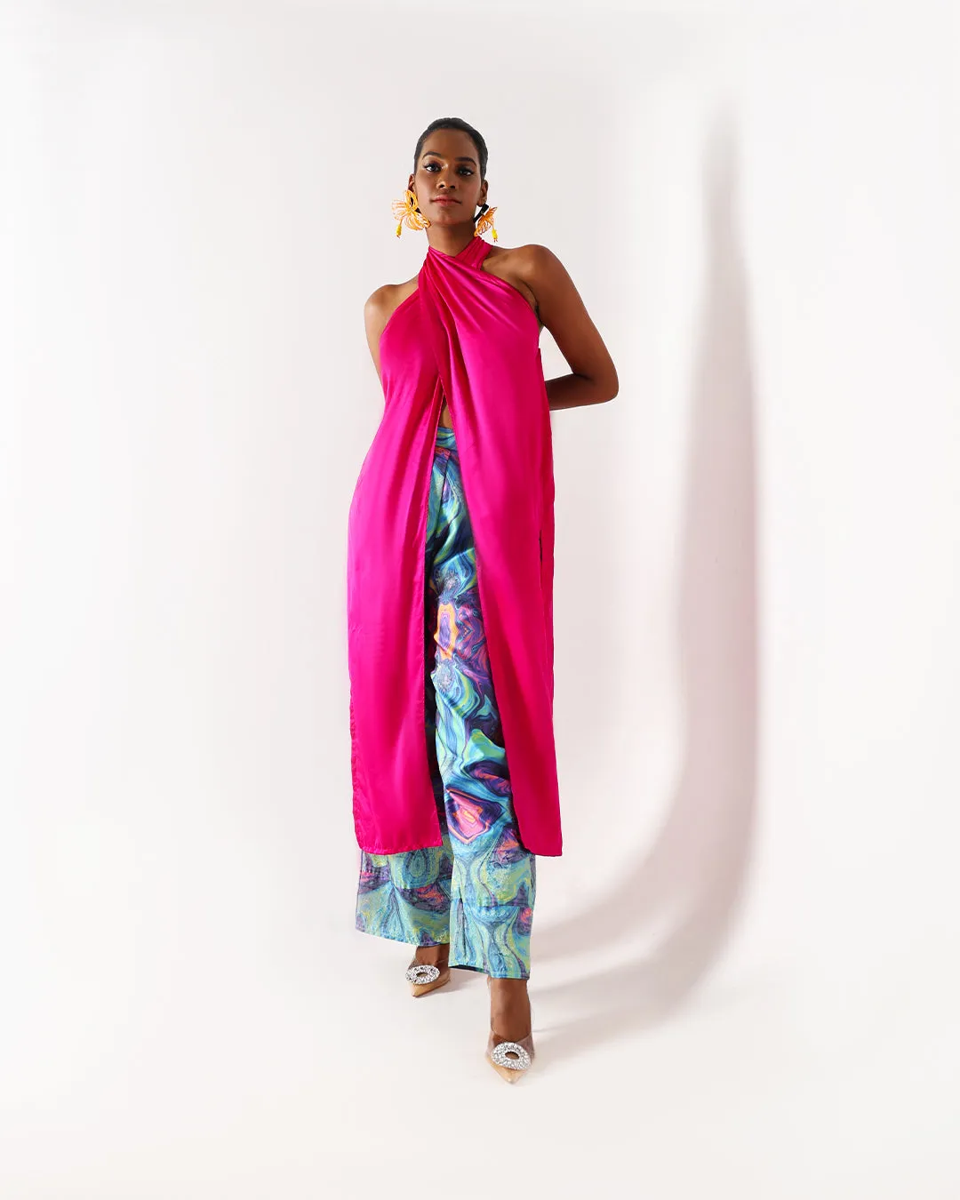 Pink Long Drape Halter Silk Top