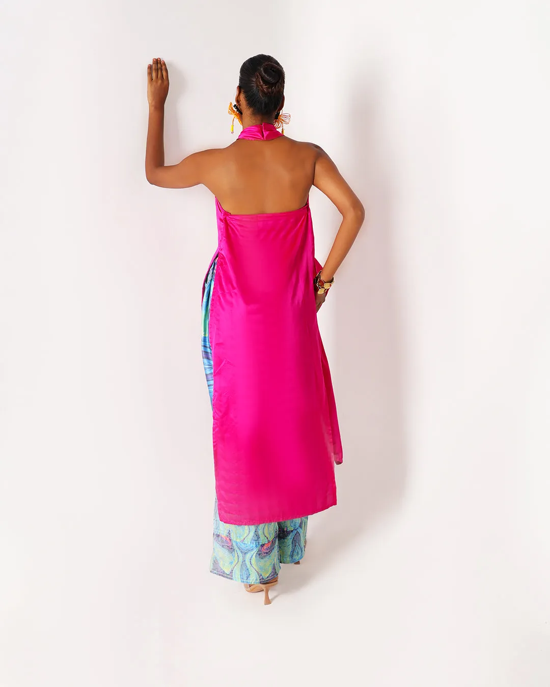 Pink Long Drape Halter Silk Top