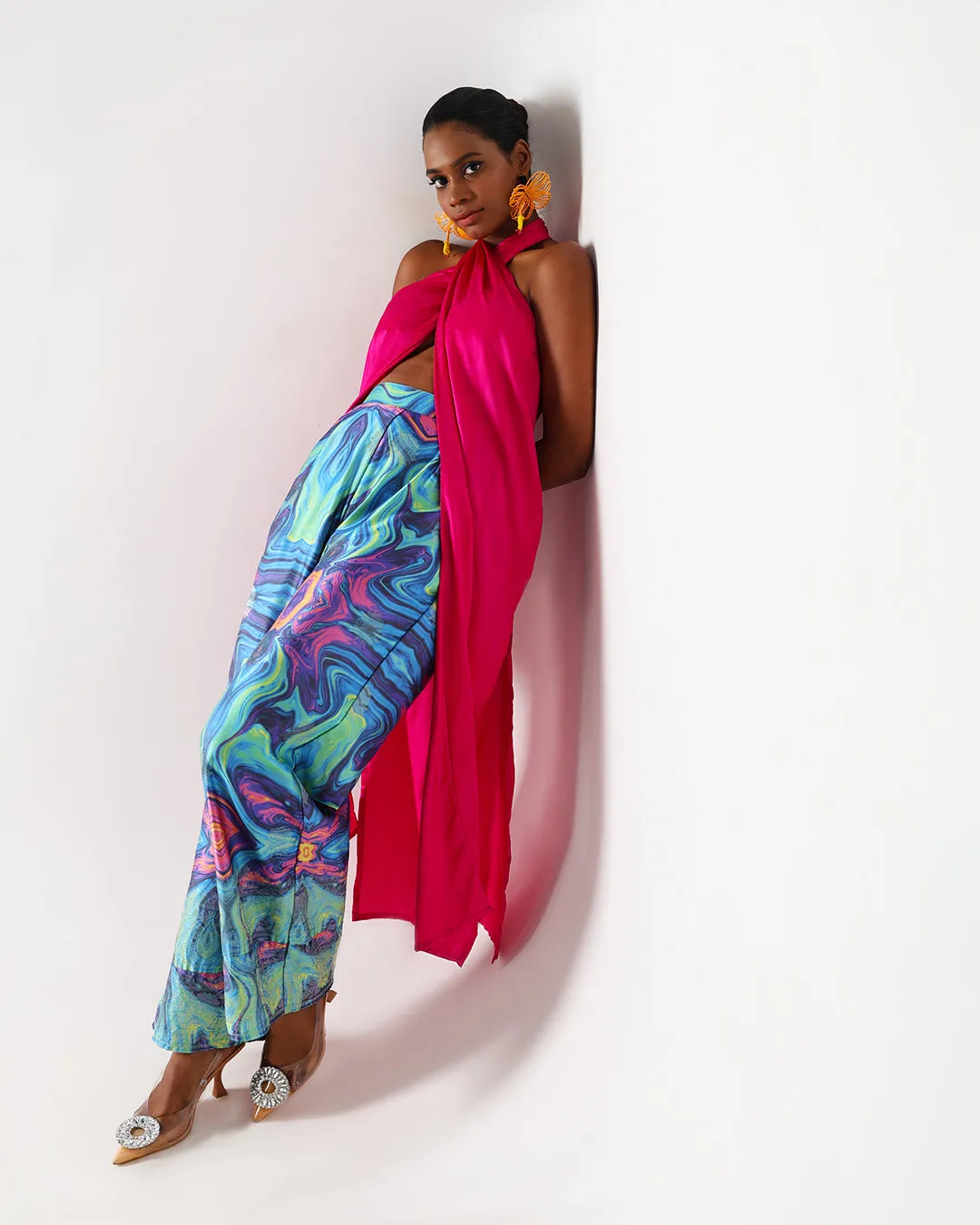 Pink Long Drape Halter Silk Top