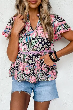 Pink Ricrac Floral Tiered Short Sleeve Blouse
