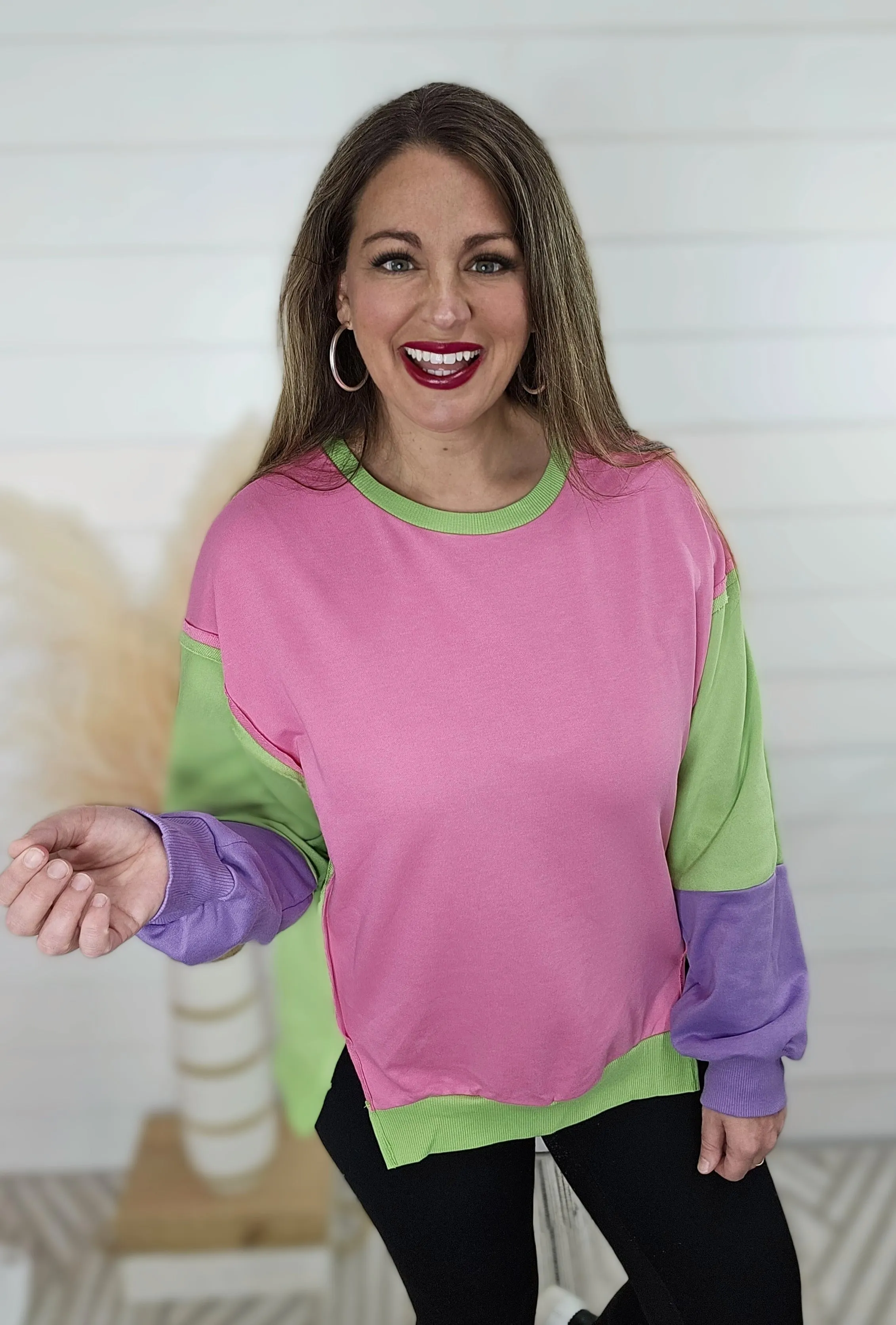 PINK/GREEN/PURPLE COLORBLOCK PULLOVER