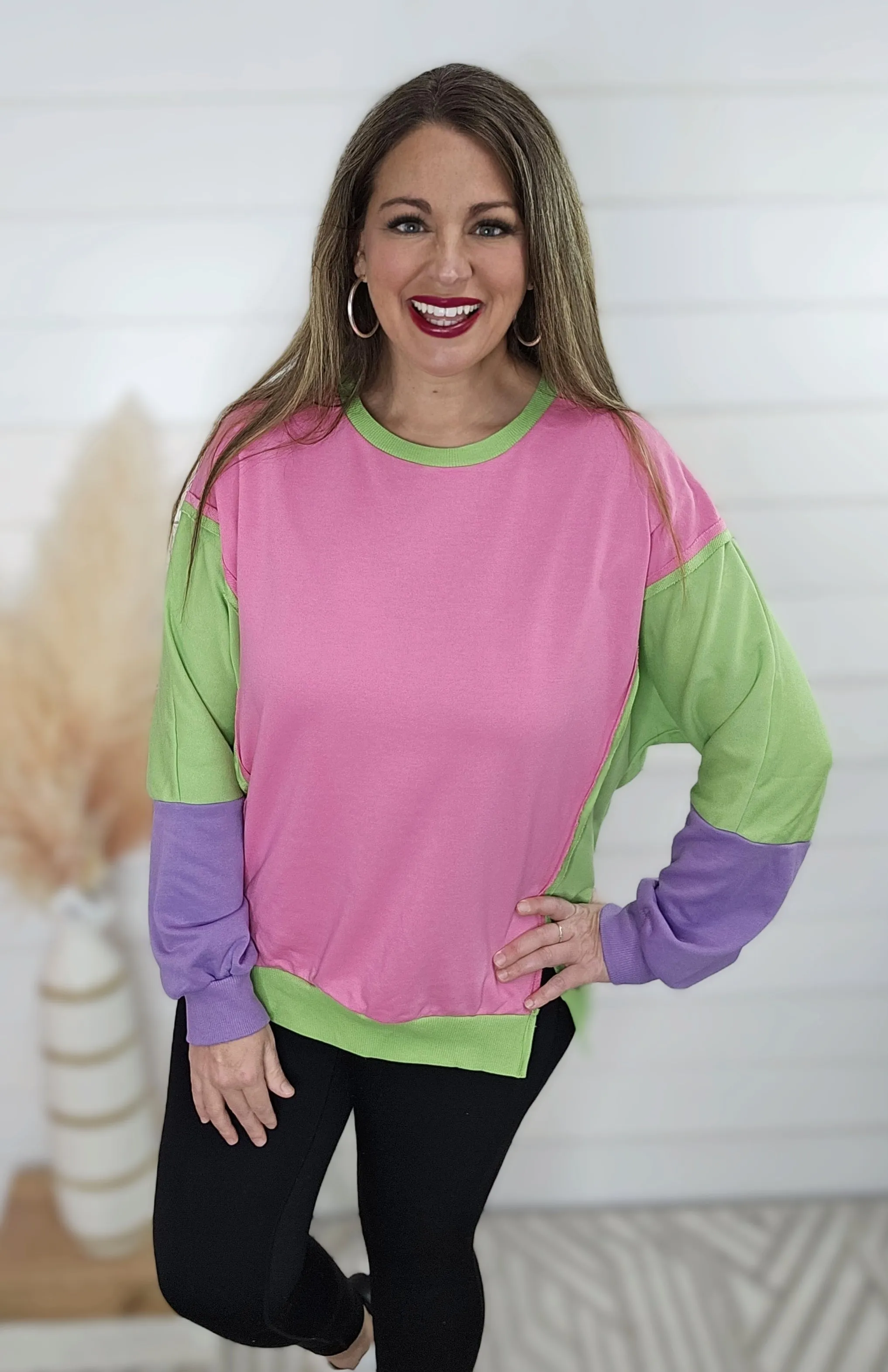 PINK/GREEN/PURPLE COLORBLOCK PULLOVER