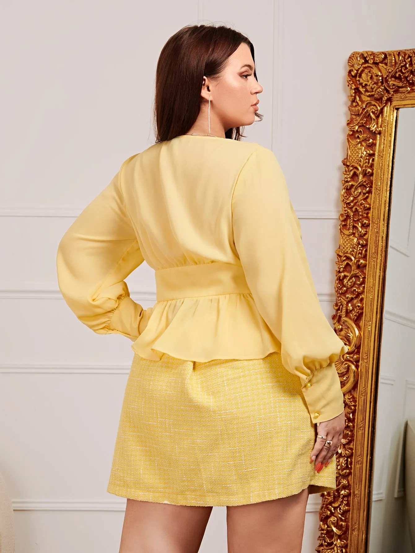 Plain Button Front Long Sleeve Deep V Neck Flared Regular Plus Size Blouse